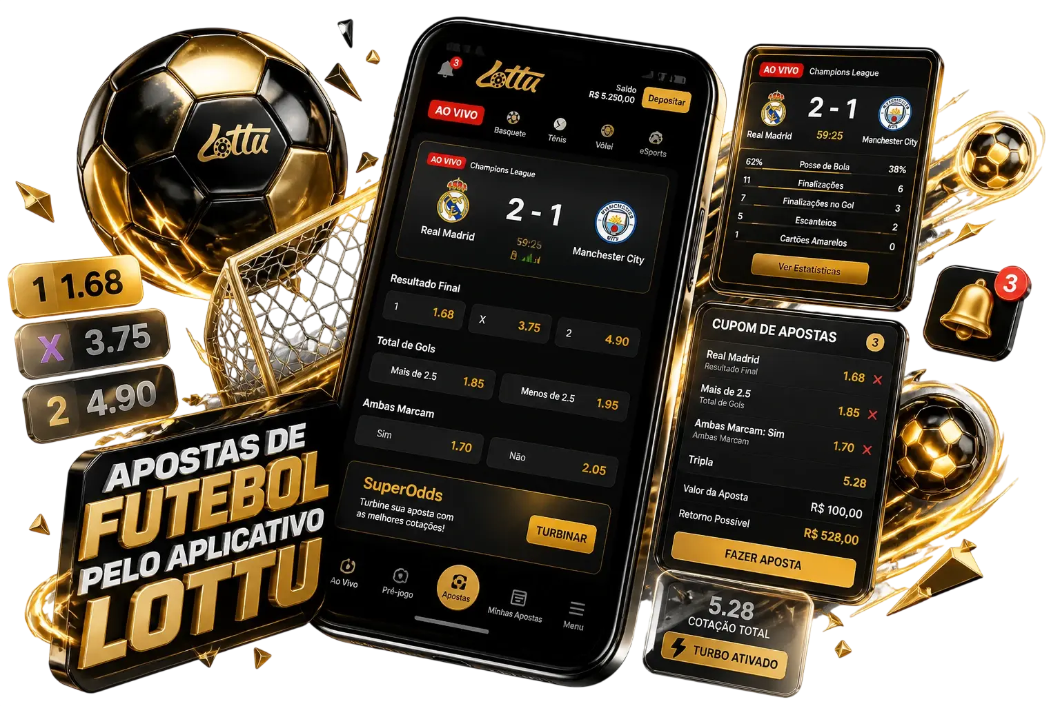 Aplicativo Lottu para apostas de futebol em Android e iOS, com odds ao vivo do Brasileirão, Libertadores e Champions League