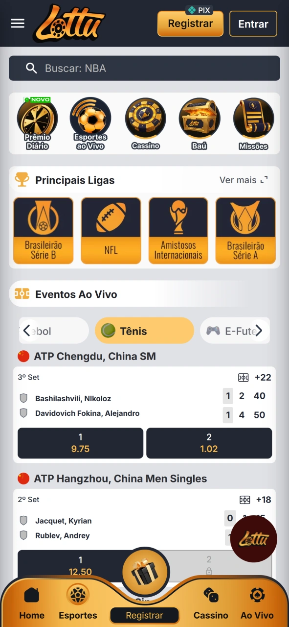 Faça apostas em diferentes torneios esportivos no aplicativo Lottu.
