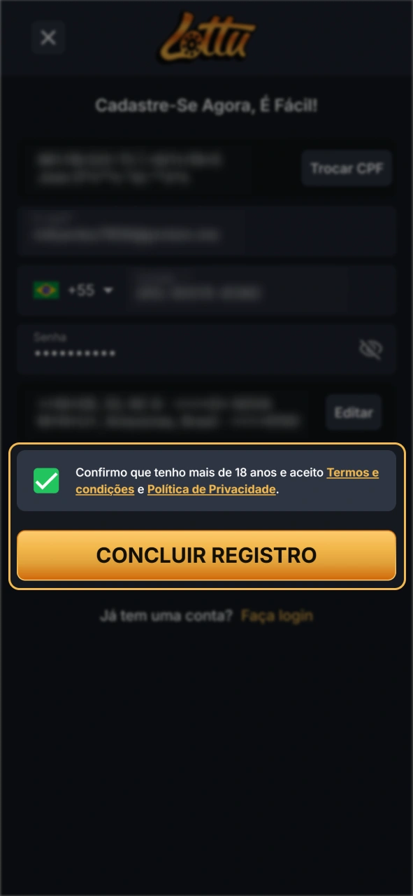Confirme seu cadastro no Lottu Casino.
