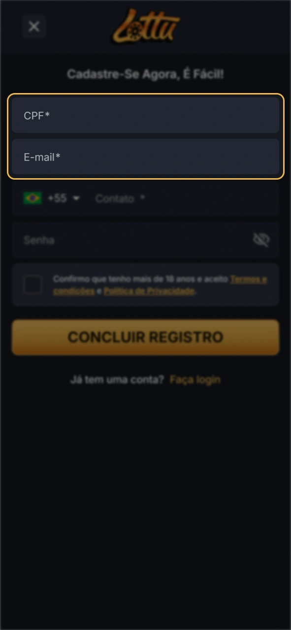 Preencha os campos do formulário de cadastro da Lottu.