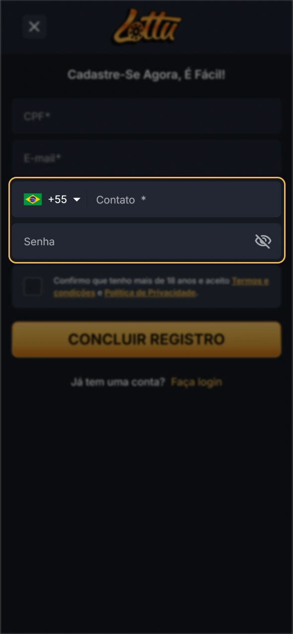 Crie uma senha forte no formulário de cadastro da Lottu.