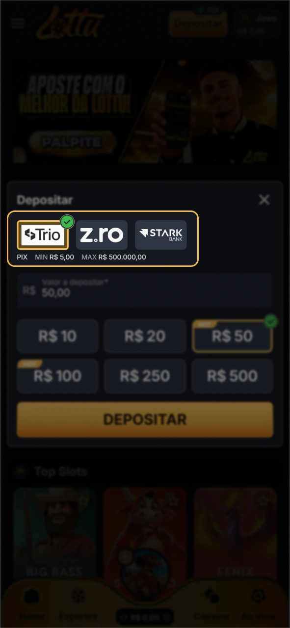 Selecione o método de depósito de sua preferência no Lottu Casino.