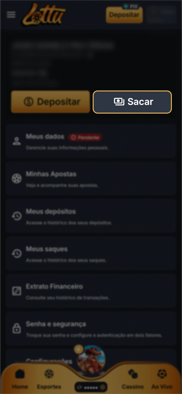 Encontre o botão de saque na sua conta Lottu.