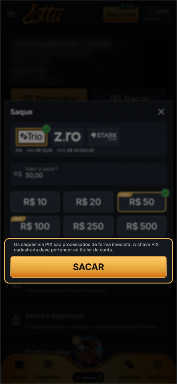 Confirme seu saque na Lottu.