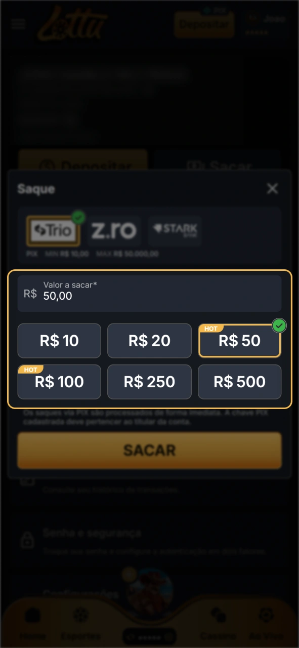 Digite o valor do seu saque na Lottu.
